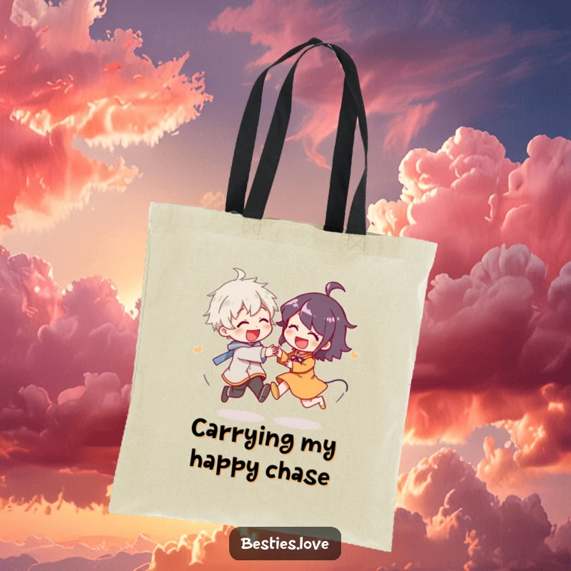 Funny Tote Bag illustrating two characters joyfully chasing each other in circles, giggling heartily, symbolizing endless fun and lightheartedness in everyday life.