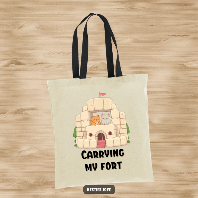 Funny Tote Bag illustrating two animals constructing a magnificent fort using oversized plush blocks, symbolizing creative endeavors and playful teamwork.