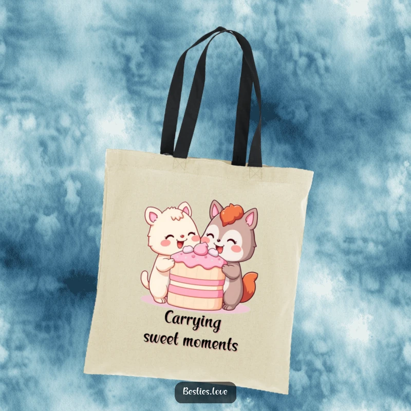 Funny Tote Bag featuring two animals happily sharing a giant slice of cake, their satisfied smiles capturing the essence of shared joy and deliciousness.