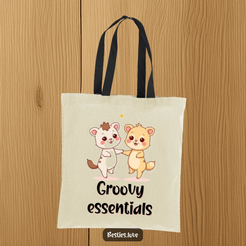 Funny Tote Bag: Two cheerful animals dance with wide, starry eyes, embodying a hilarious sense of pure joy and excitement.