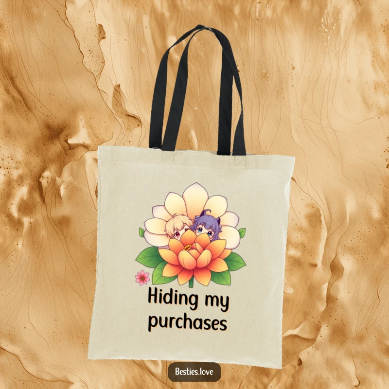 Funny Tote Bag: Two playful characters hide behind a huge, bright flower, peeking out with cheerful expressions, a humorous carry-all.