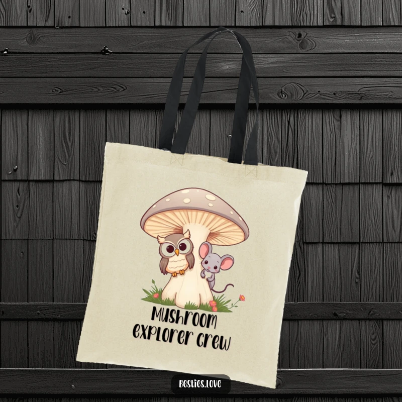 Funny tote bag illustrating an owl and mouse best friends subtly peeking from behind a giant mushroom, great for carrying items.