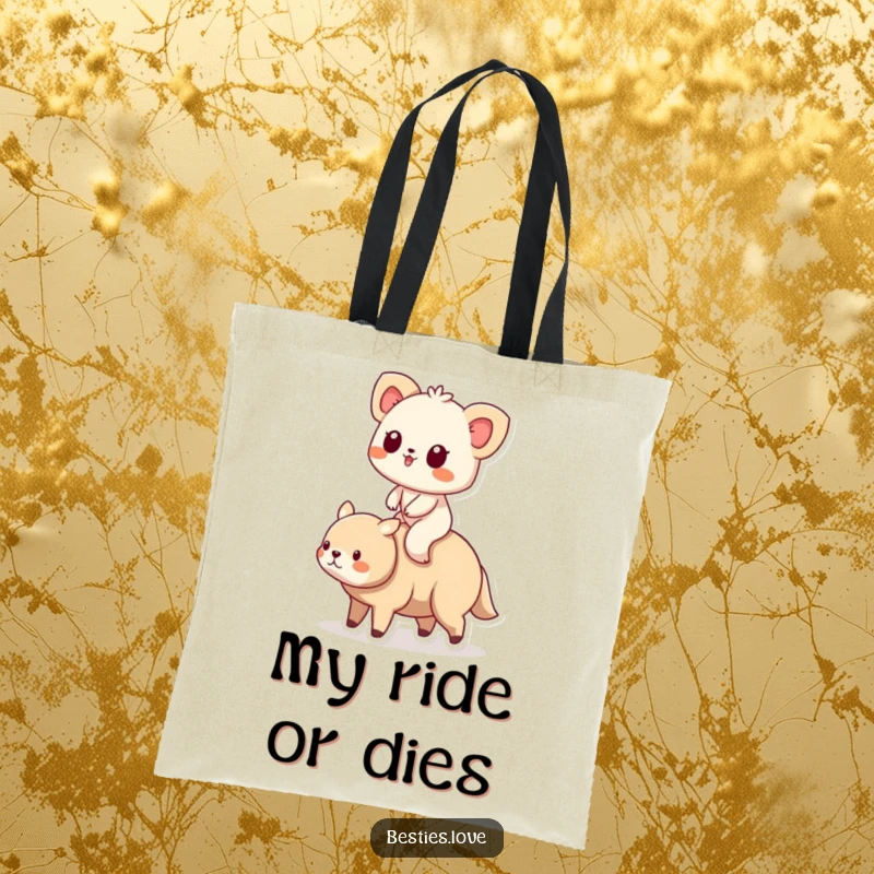 Funny Animal Friends Riding Tote Bag with a small animal riding securely on the back of a larger, friendly animal.