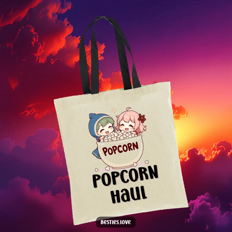 Funny Tote Bag: Two characters share a huge popcorn bucket and share a laugh, a humorous and practical accessory for movie lovers.