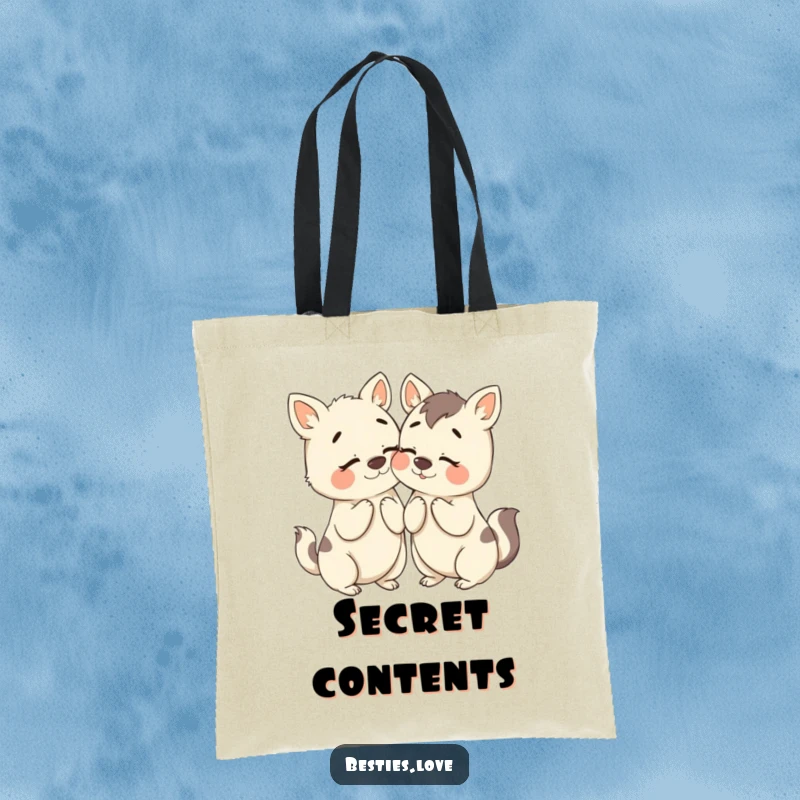 Funny Bestie Animals Tote Bag: Two animal companions humorously whispering secrets with exaggerated expressions, a fun accessory.